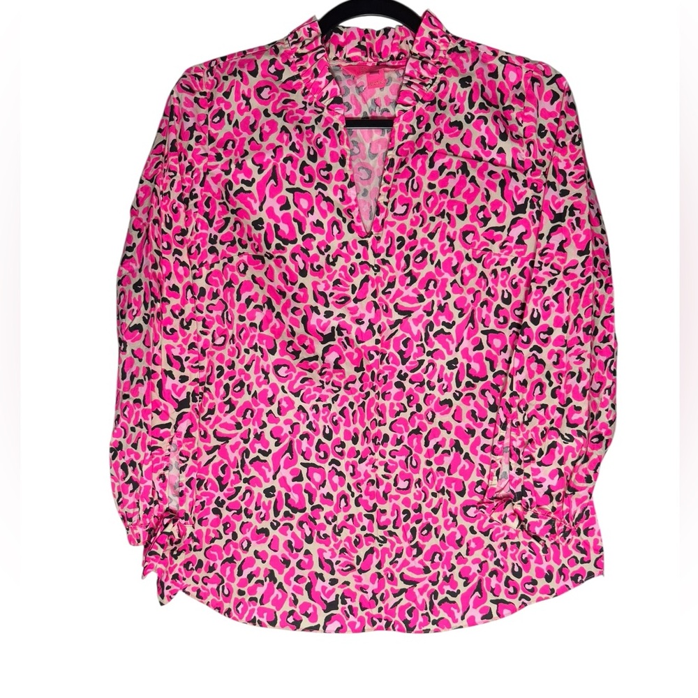 Lilly Pulitzer Sherida Pink Leopard Print Blouse Womens XS Long Sleeve Summer